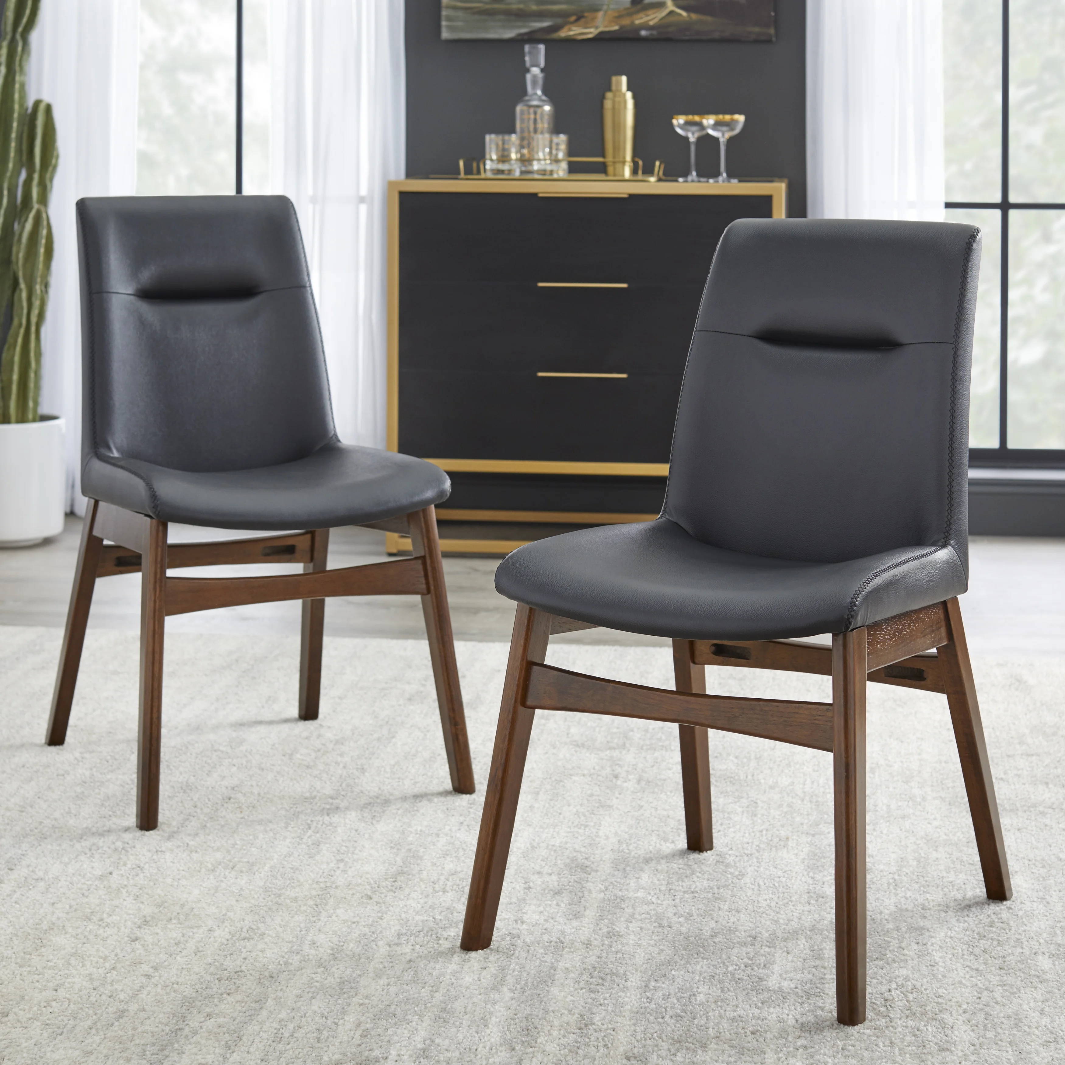 TMS Vance Mid-Century Faux Leather Dining Chair, Set of 2, Black/Walnut