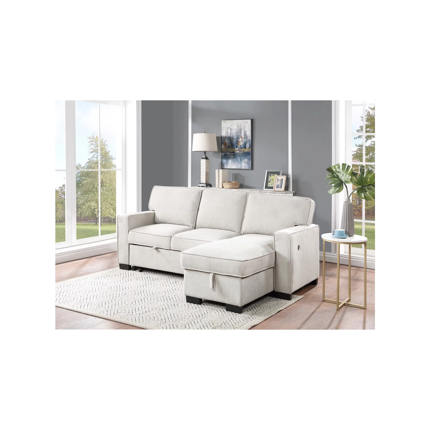 Maykoosh Artistic Accomplishment Fabric Sofa Reversible Storage Chaise Pull-Out Sleeper with Drop-Down Table 2 Cup Holders and 4 USB Ports