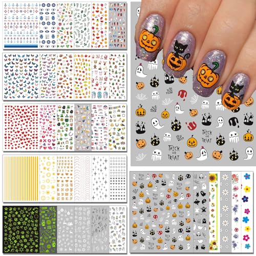 8 Sheets Christmas Nail Wraps Full Stickers Nail Polish Strips, DIY Self-Adhesive Glitter Nail Art Decals Snowflake Santa Claus Xmas Tree Red Green Party Decor with 1 Pcs Nail Files (128 Pieces)