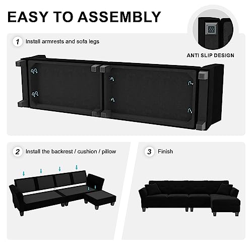 Belffin Velvet Sectional Couch L Shaped Sofa 4 Seater Sofa with Chaise L-Shaped Couches Convertible Sectional Sofa Black