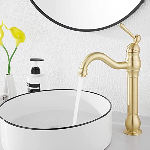 GGStudy 360° Swivel Antique Brass Bathroom Vessel Sink Faucet Single Handle One Hole Matching with Pop Up Drain