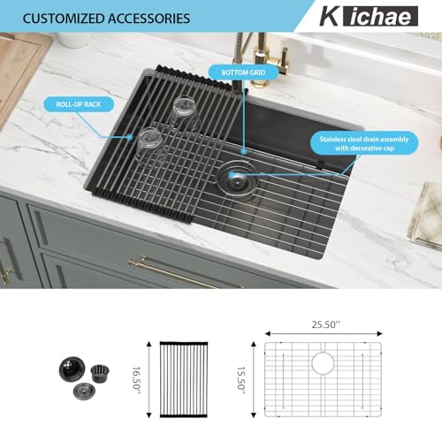 Kichae 12“ Deep Laundry Sink Undermount - 24 Inch Black Undermount Utility Sink Stainless Steel Single Bowl Under Counter Handmade Laundry Utility Room Basin