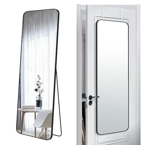 57x20 Door Hanging Full Length Mirror, Floor Stand (Height 5.7ft just Body in1.3ft) Wall Mounted Metal Frame Rectangle Dressing Mirrors for Bedroom Room 57 inch Black