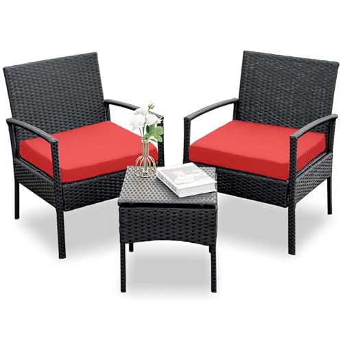 3 Piece Outdoor Wicker Furniture Bistro Set, Rattan Chairs Conversation Sets Wicker Patio Furniture for Balcony Poolside Backyard, Yellow/Beige