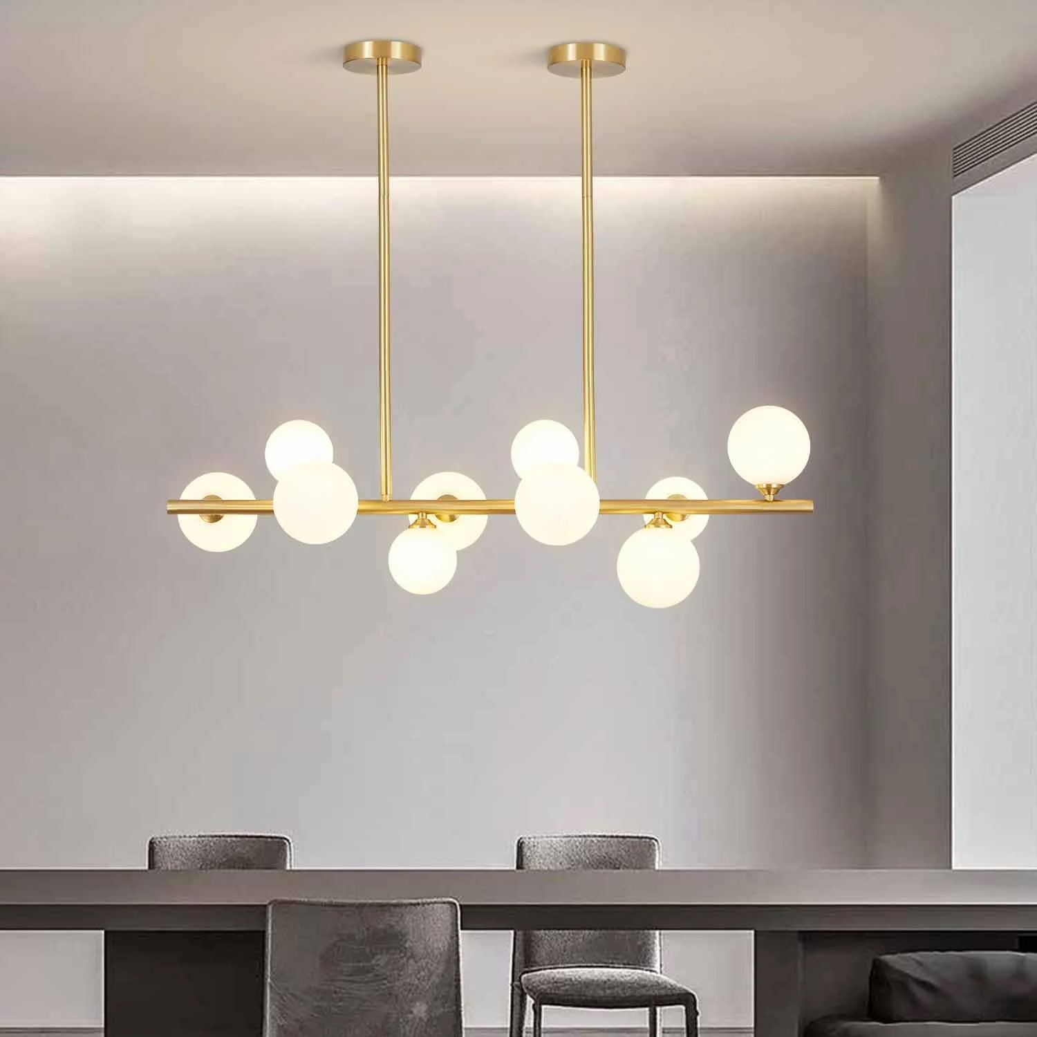 WANHUI Modern Gold Globe Sputnik Chandelier Mid Century Brass Linear Chandelier 10-Lights Frosted White Glass Ball Pendant Light Ceiling Lamp Dining Light Fixture Over Table