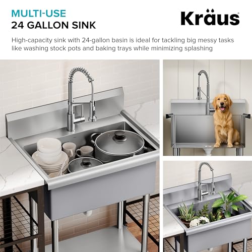 KRAUS Standart Pro 32 Inch 18-Gauge Stainless Steel Scullery Sink, 24 Gallon Freestanding Commercial Style Single Bowl Laundry & Utility Sink, KHS230-32