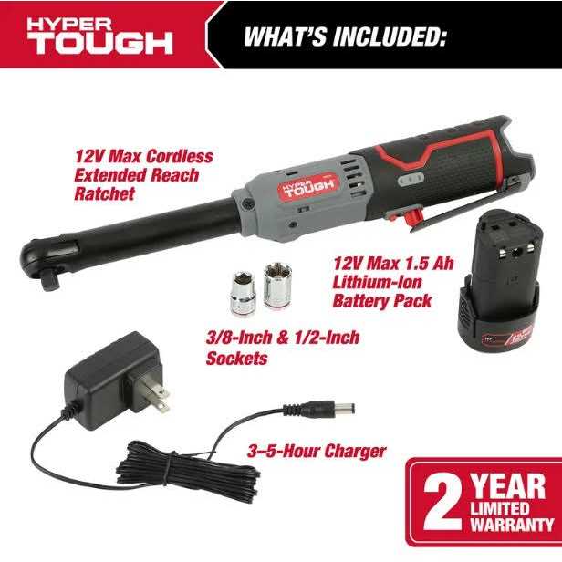 Hyper Tough 12V Max* 3/8-in Lithium-Ion Cordless Extended Reach Ratchet with 1.5Ah Battery and Charger 99323