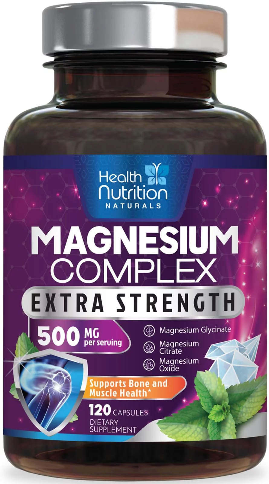 Magnesium Complex 500mg - Magnesium Supplement with Glycinate, Oxide, Malate, Citrate - High Absorption Chelated Magnesium Capsules for Muscle, Heart, Bone, Nerve Support, Non-GMO - 120 Capsules