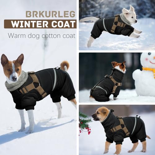 BRKURLEG Black Dog Coat with Harness, Dog Winter Jacket, Dogs Onesie Body Warm Jackets, Small Dogs Winter Coats Reflective Windproof Warm Cold Weather Coats, Pet Waterproof Jacket Hiking XL