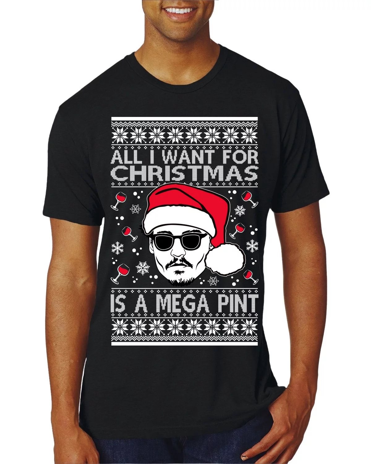 Wild Bobby, Johnny Depp All I Want For Christmas is a Mega Pint Ugly Christmas Sweater Men Premium Tri Blend Tee, True Black, Medium