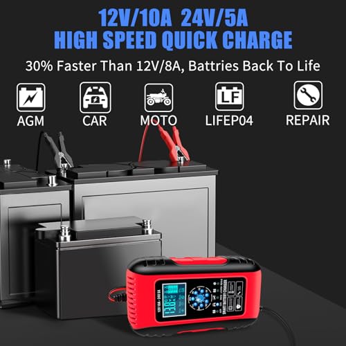E-FAST Battery Charger, 10A Lifepo4 Lead Acid Car Battery Charger, Upgraded Automobile Trickle Charger 12/24V, All in 1 Battery Maintainer, for Truck Motorcycle AGM Lawn Mower Boat Marine Batteries