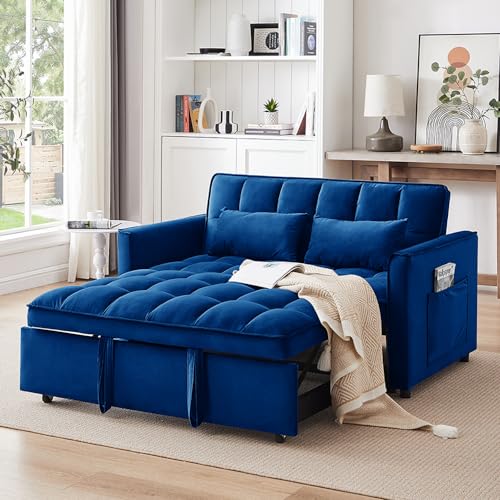 3-In-1 Sleeper Sofa,Velvet Pull Out Sofa Bed，55.1-Inch Futon Convertible Loveseat Sleeper， Love Seat with Adjustable Back, Sleeper Chair with Storage Bag & Pillow, for Living Room, Bedroom (A-Black)