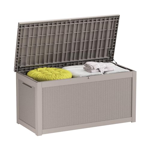 100 Gallon Outdoor Storage Box,Large Waterproof Resin Deck Box,Lockable Storage Container with Reinforced Support for Patio Cushions,Garden Tools,UV-Resistant（Black Rattan）