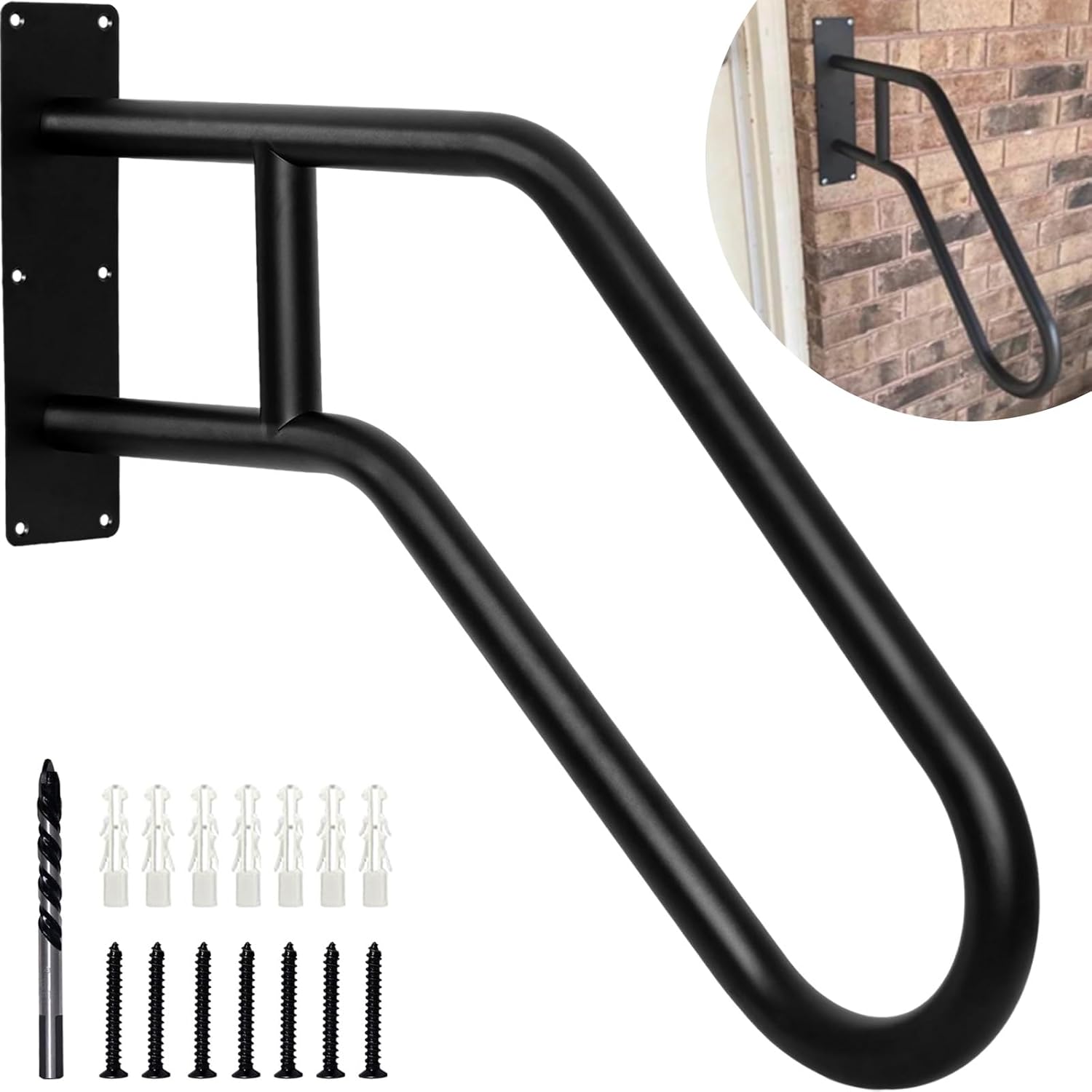 Hand Rails for Outdoor Steps, Stair Railing Wall Mount Handrail for 1-3 Exterior Steps, Stainless Steel Handrails, U-Shape Safety Hand Rail for Elderly for Garage/Porch/Garden (Black)