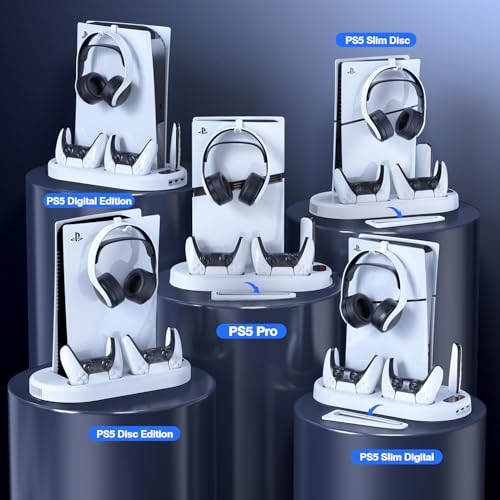 AMZDM Cooling Station PS5 Slim Stand PS5 Pro Cooling Fan with Charging Station PlayStation 5 Console Cooler with Docking Station Controller Charger PlayStation 5 Pro & Slim Disc & Digital White