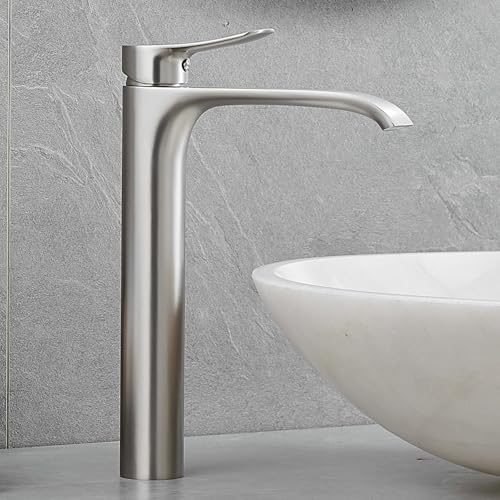 Brushed Nickel Vessel Sink Faucet, Single Handle Modern Waterfall Tall Bathroom Sink Faucet, Brass, 1 Hole, 1 Handle, Deck Mount, Vessel Install, Includes Supply Hoses, Drain, Manual