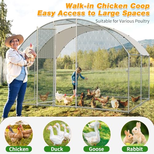 Outvita Large Metal Chicken Coop, 13×10FT Walk-in Poultry Cage with Waterproof & Anti-UV Round Arch Cover, Duck Rabbit Hen Cage Galvanized Mesh for Outdoor Yard Backyard and Farm