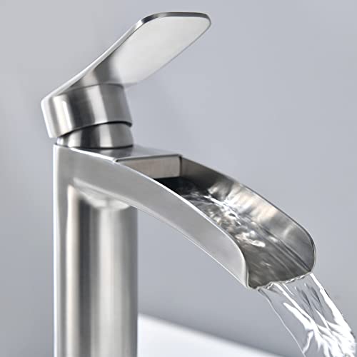 Phiestina Brushed Gold Tall Bathroom Vessel Sink Faucet, Single Hole Single Handle Waterfall Modern Bathroom Faucet, with Pop Up Drain and Water Supply Line, NS-SF01-BG-V