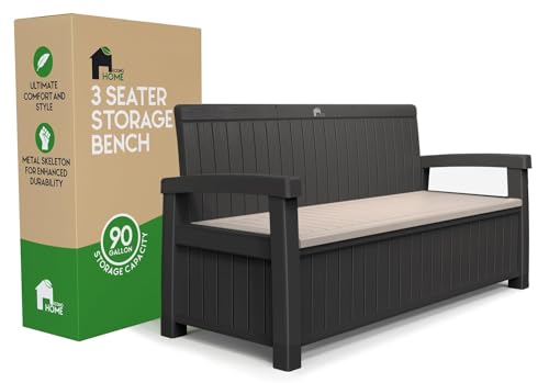 EconoHome 3 Seat Outdoor Storage Bench - 90 Gallon Capacity - Weatherproof Resin Bench for Patio, Porch, Garden, Yard, Pool Area - Furniture for Pool Accessories, Gardening Tools, Toys