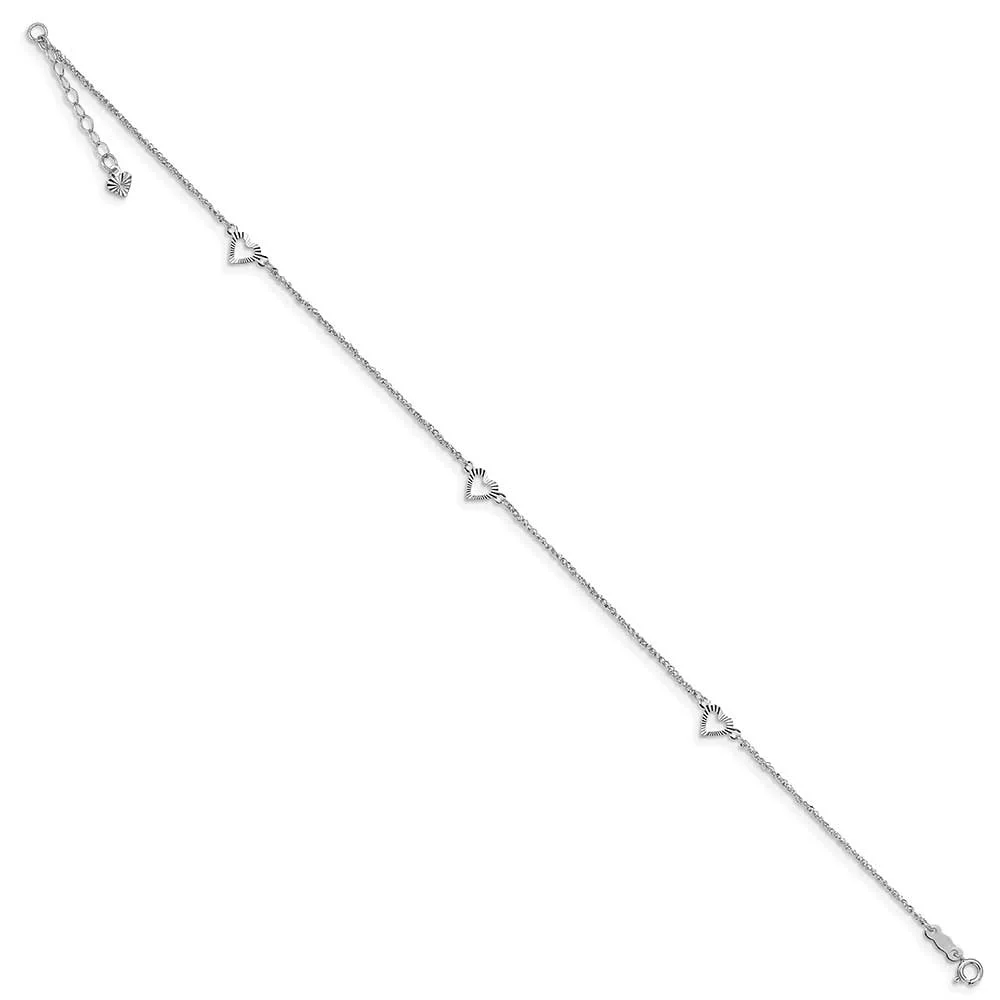Primal Gold 14 Karat White Gold Diamond-cut Hearts 9-inch Plus 1-inch Extension Anklet