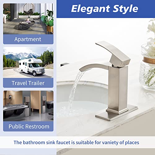Brushed Nickel Vessel Sink Faucet, Waterfall Bathroom Faucets, Tall Spout Single Handle Single Hole Bathroom Faucets with Pop Up Drain and Without Overflow Basin Faucet Supply Line