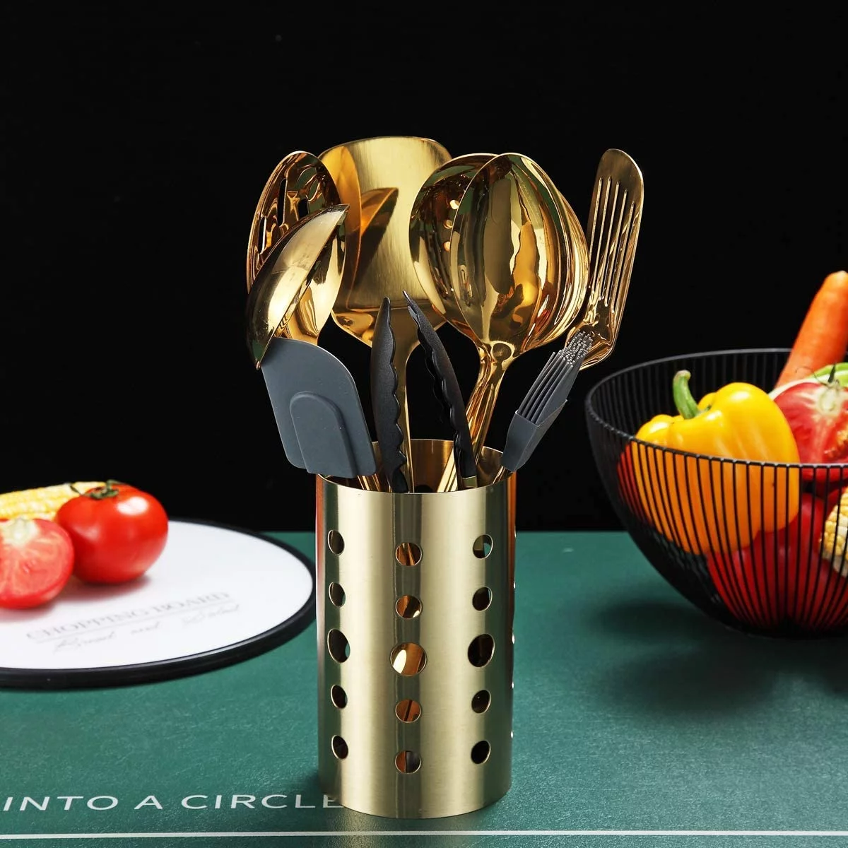 ReaNea 13 Pieces Gold Cooking Utensils Set, Stainless Steel Kitchen Utensils Set with Utensil Holder