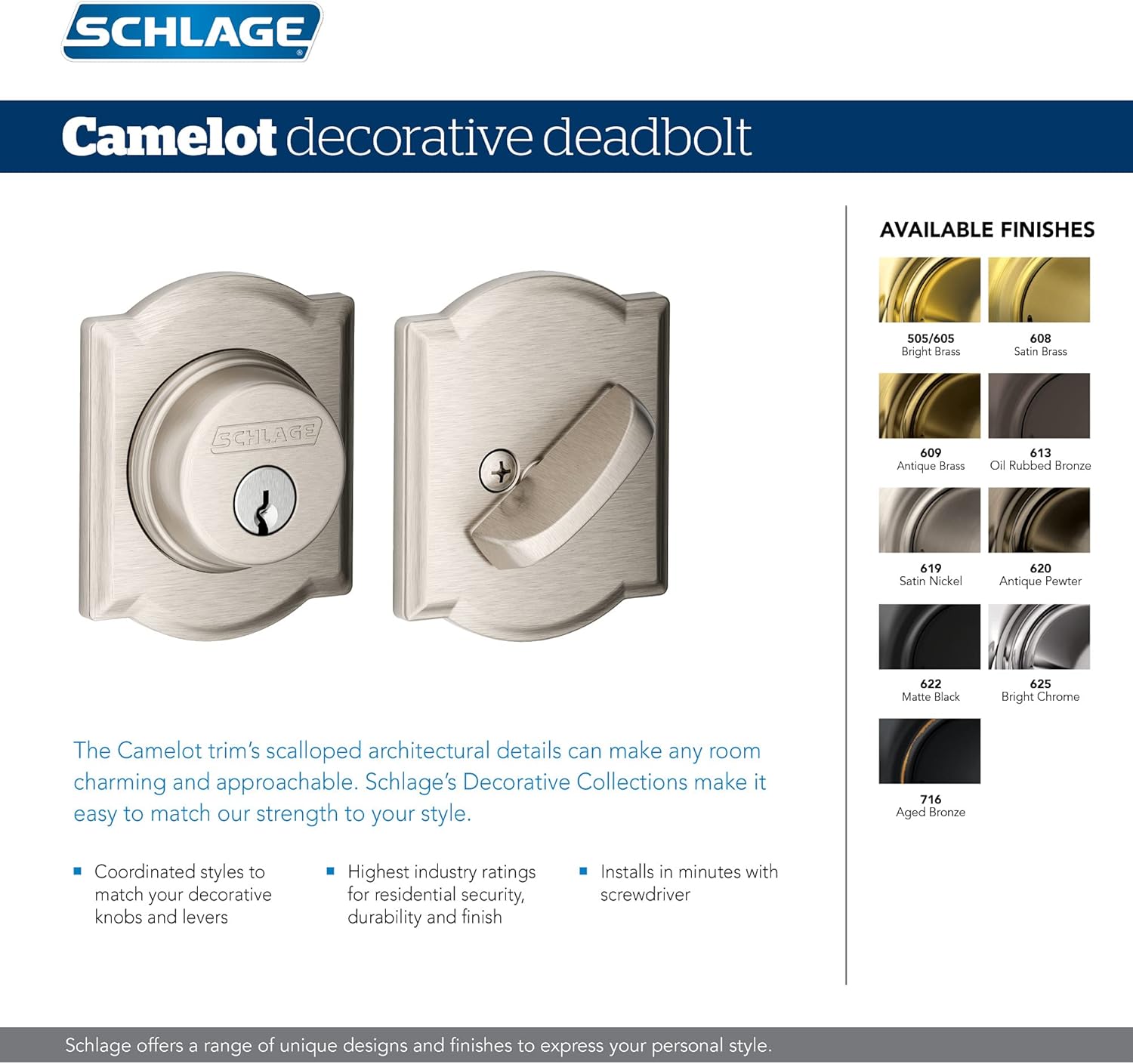 Schlage B60 N CAM 609 Deadbolt with Camelot Trim Keyed 1 Side, Highest Residential Security, Antique Brass