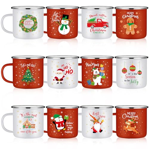 Mifoci 12 Pcs Christmas Coffee Mug 12oz Stackable Enamel Coffee Cups Galvanized Steel Santa Xmas Tree Snowman Holiday Chocolate Cocoa Cups Winter Kitchen Decorations Xmas Cups Gift(Classic)