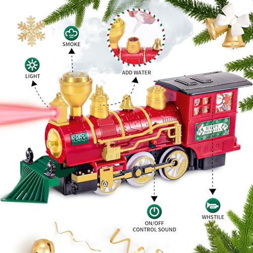 Kids Train Set, Christmas Train Set for Under The Trees, Electric Train Toys for Boys Girls with Steam Locomotive, Passenger Cars, Cargo Cars, Sounds & Lights, for 3 4 5 6 7 8+ Years O