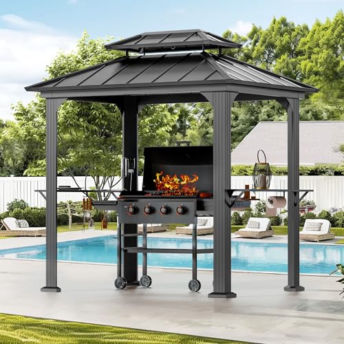 Modern Shade The Horizon Permanent Hardtop Gazebo 12' x 24' with 4 LED Lights, Outdoor Gazebo with Galvanized Steel Double Roof, Patio Pavilion w/Decor Hooks, Mosquito Netting and Curtains, Black