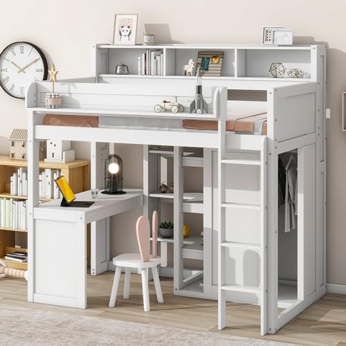 SOFTSEA Twin Size Loft Bed with Desk & Storage, Wood Loft Bed with Wardrobe and Storage Shelves, Space Saving Loft Bed Frame with Bookcase Headboard for Kids Teens Adults, Gray