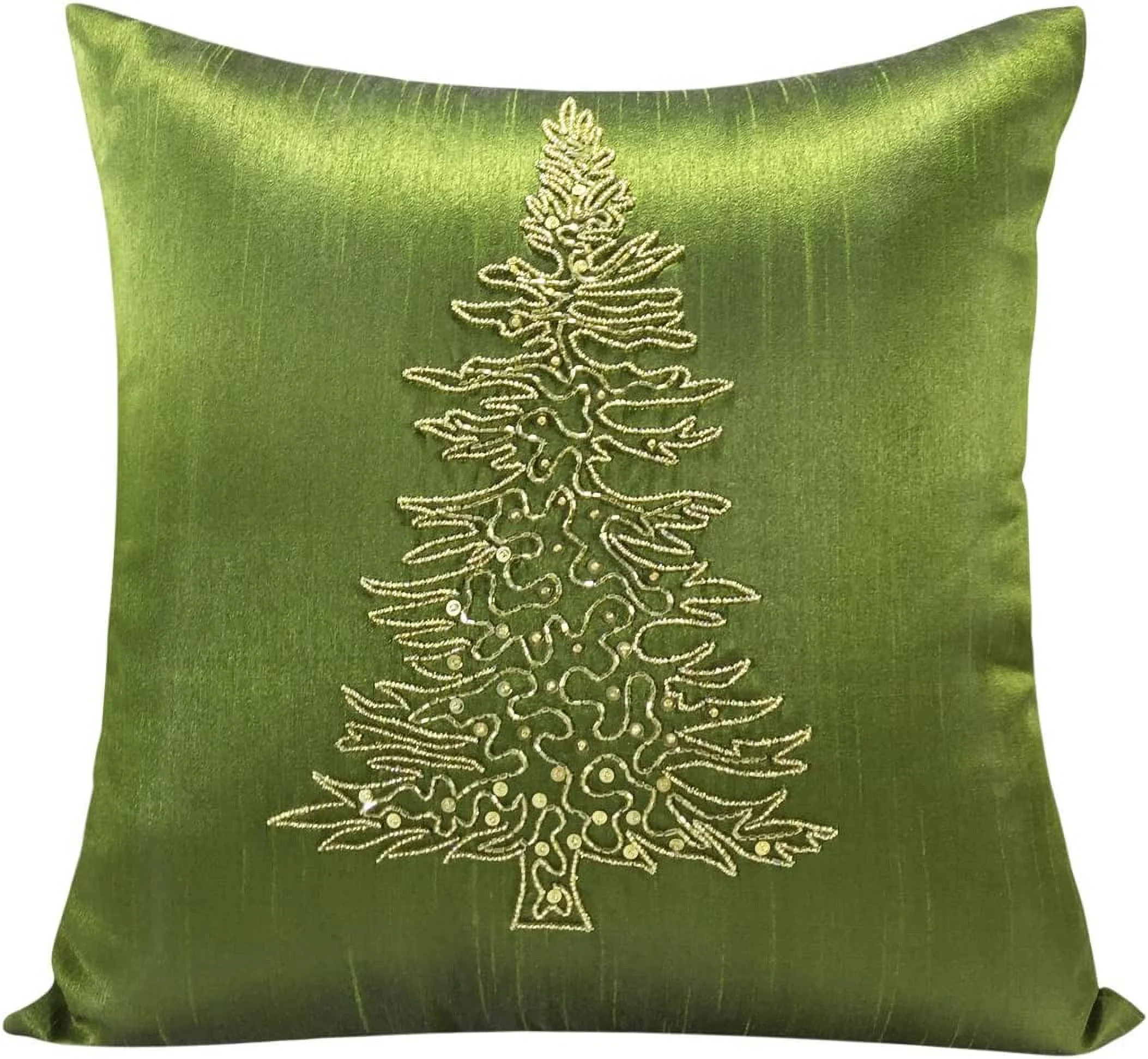 Moss Green Christmas Tree Euro Sham Cover Embroidered With Golden Glass Beads (26X26 Inches, Moss Green)