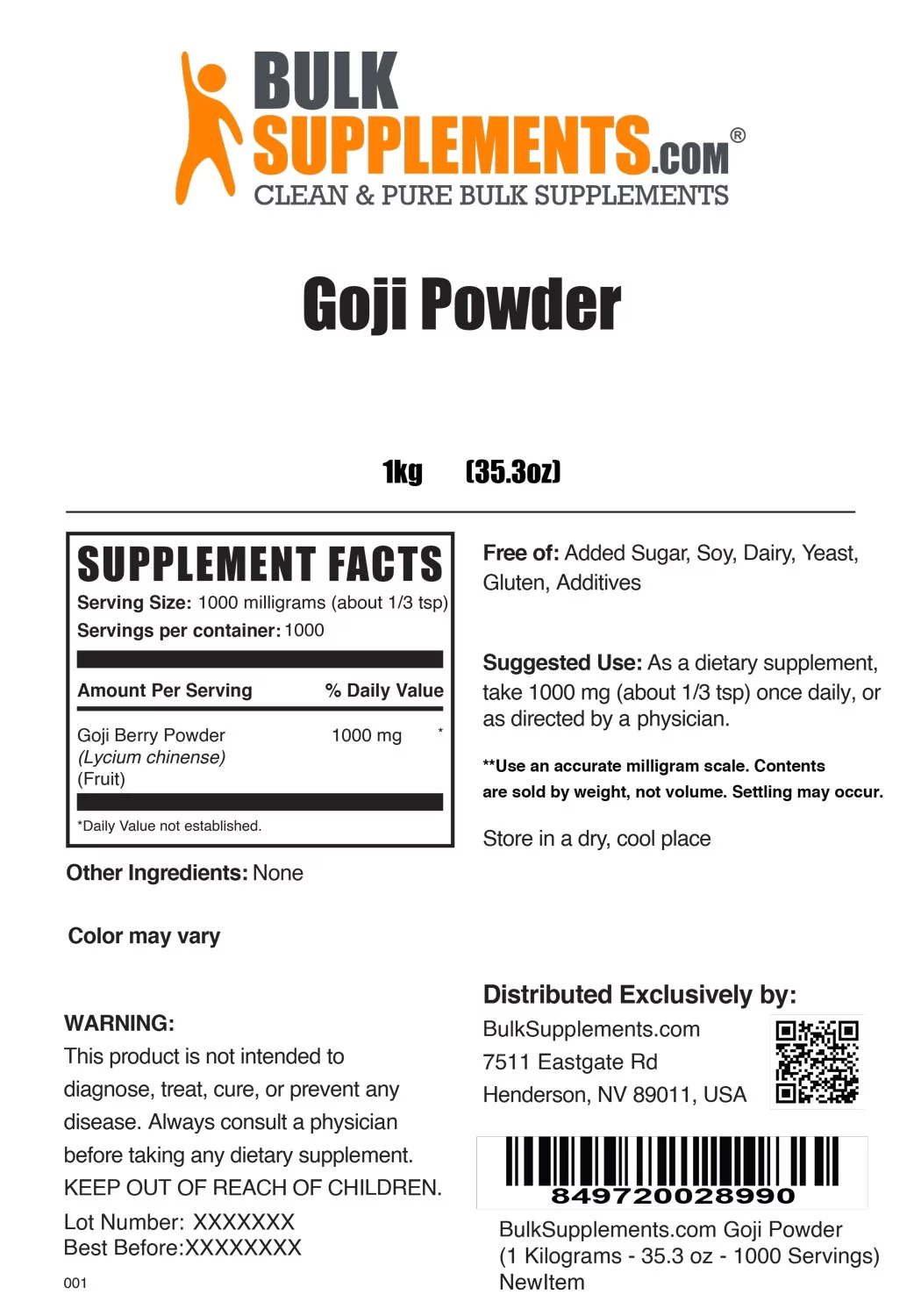 BulkSupplements.com Goji Powder, Goji Berry Powder, Lycium Chinesis Powder, Antioxidant Supplement (1 Kilogram - 2.2 lbs - 1000 Servings)