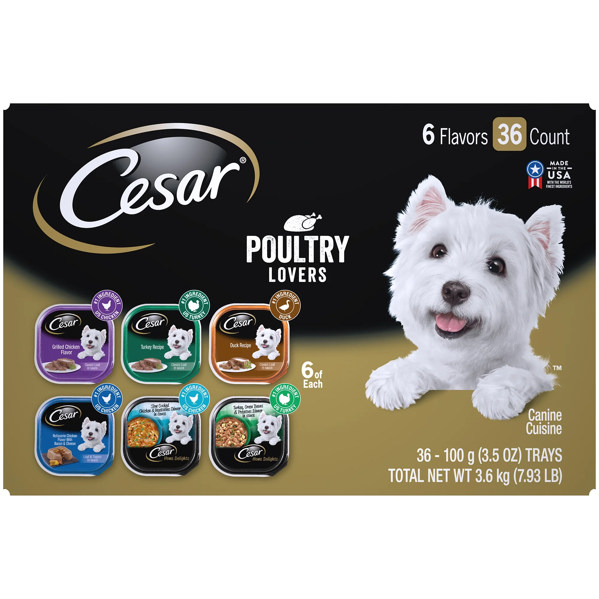 CESAR Poultry Lover's Variety Pack Wet Dog Food, 3.5 oz Tray Real Chicken, Turkey or Duck (36 Pack)