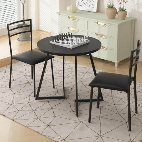 VECELO Small Round Dining Table Set for 2, Wood Tabletop with Strong Metal Frame, Modern Dinette with Chairs for Kitchen, Breakfast Nook Living Room, Faux Marbled & White