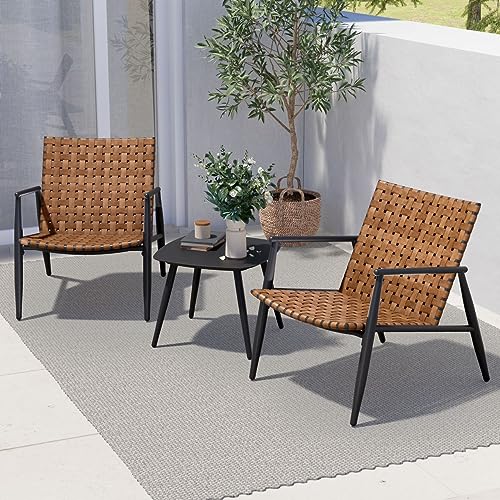 Grand patio Outdoor Bistro Set 3 Pieces Leather-Look Wicker Patio Chairs Set Powder Coated Aluminum Frame with Outdoor Chairs Set of 2 and Side Table for Garden Backyard Balcony Brown
