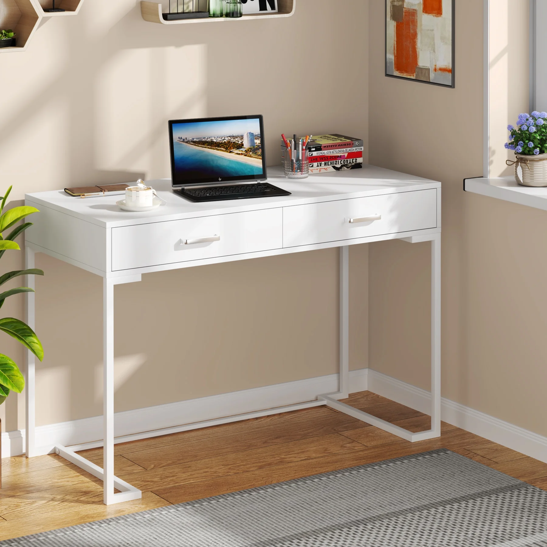 Computer Desk, Home Office Desk Writing Desk Workstation with 2 Storage Drawers, Simple and Modern Vanity Table, Rectangular, White