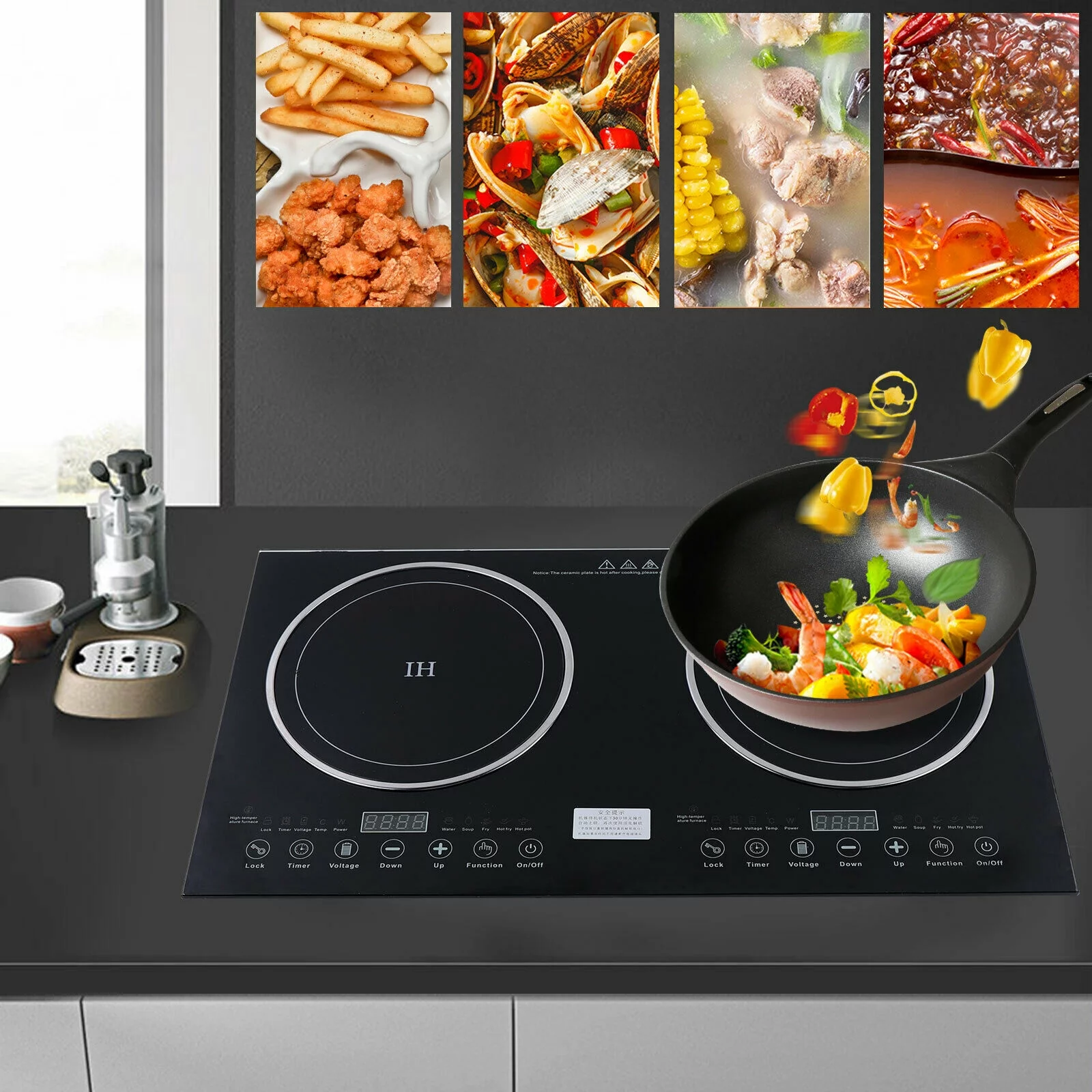 Digital Induction Cooktop,2600W 110V Double Burners Electric Stove, Countertop Burner with Legs, Induction Cooker Vitro Ceramic Glass Black Surface for Cast Iron Pan (1200W+1400W)