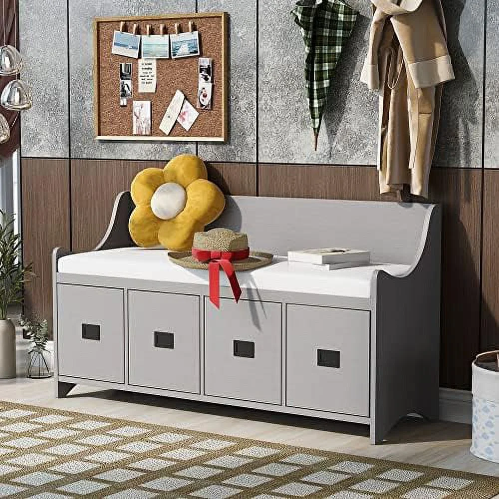 48" Entry  Bench with Removable Cushion and 4 Drawers  Entryway Hallway Foyer Shoe Bench Bedroom End of Bed Bench with Backrest  200lbs Weight Capacity (White)
