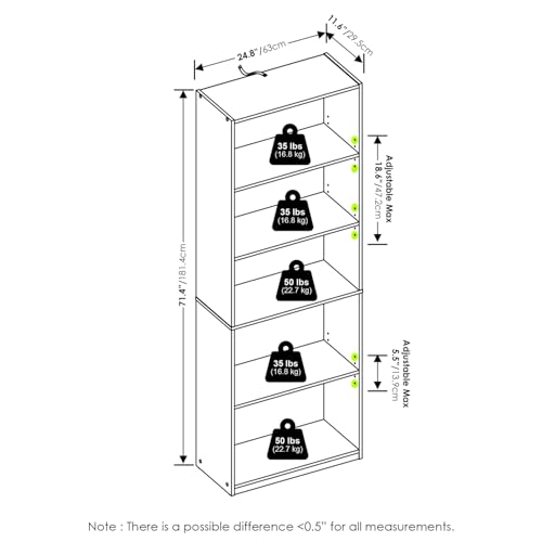 Furinno Gehry 5-Tier Bookcase, Bookshelf with Adjustable Shelves, White