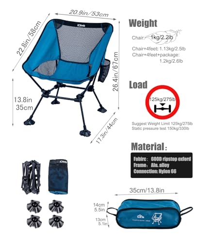iClimb Ultralight Compact Camping Folding Beach Chair with Anti-Sinking Large Feet