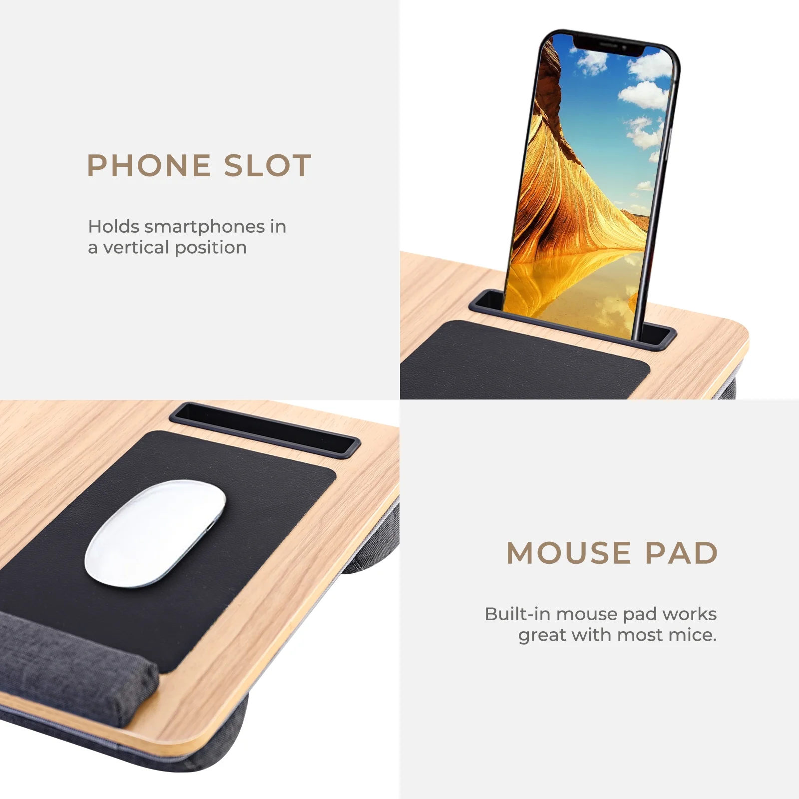 Lap Desk with Wrist Rest, Mouse Pad and Phone Holder, 21.7