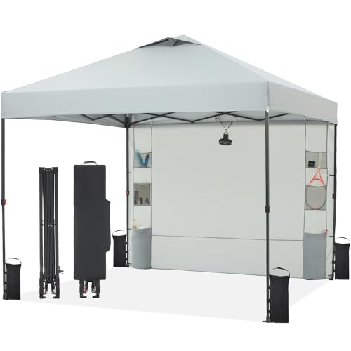 10'x10' Pop Up Canopy Tent with 1 Sidewall and 6 Pockets, One Push Setup, Instant Shade Tent with Vented Roof for Beach Patio Outdoor, Case, 8 Stakes, 4 Ropes, 4 Sandbags (White)