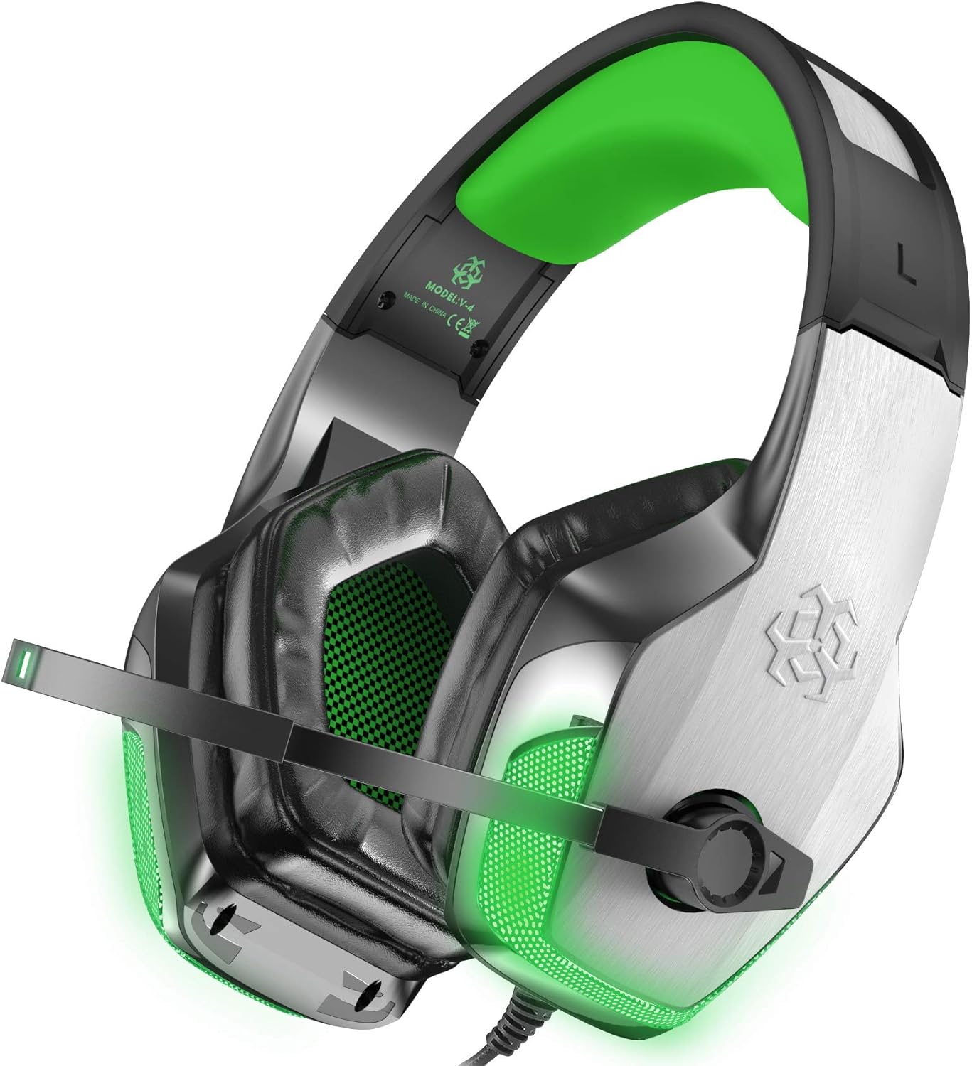 BENGOO V-4 Gaming Headset for Xbox One, PS4, PC, Controller, Noise Cancelling Over Ear Headphones Mic, LED Light Bass Surround Soft Memory Earmuffs for Computer Laptop Mac Nintendo Switch -Green