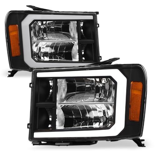 7422453592551 Compatible With 2007-2013 GMC Sierra 1500/2007-2014 2500 3500 HD Switchback Sequential LED Strip Bar Black Housing Headlights With Amber Reflector