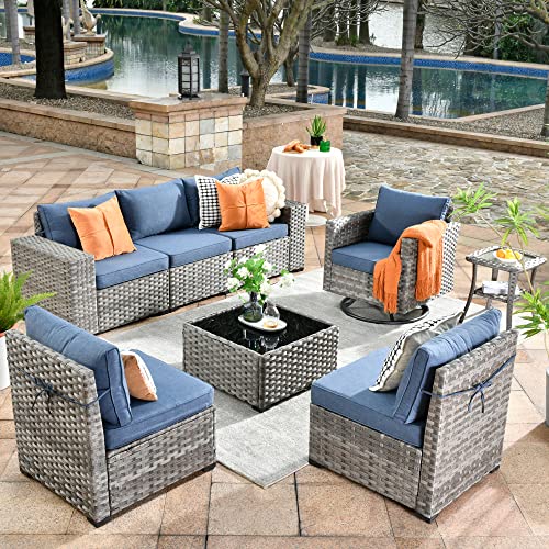 Outdoor Patio Sectional Furniture Sofa Set with Swivel Rocking Chair,8 Piece Modern Wicker Couch with Widened Armrest,Modular Conversation Seating Set for Garden(Orange Red)