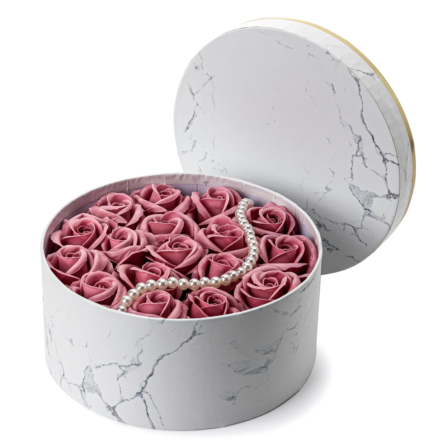 Luxury Beautiful Flora Scented Roses/Carnation Flower Bath Soap With Stem, Flower Soap in 7.87 inches Round Gift Box, Gift for Birthday/Valentine's Day/Mother's Day(White Pink)
