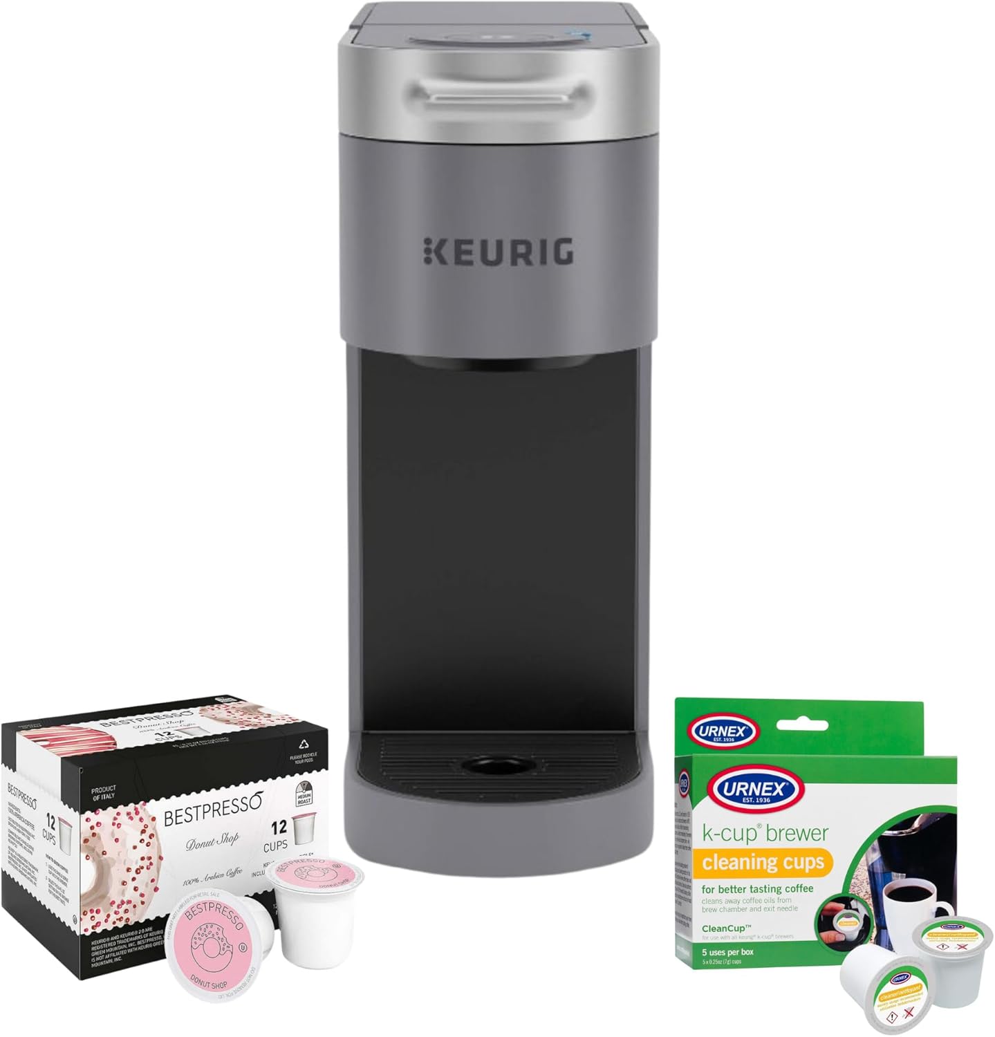 Keurig K-Slim Plus ICED Coffee Maker (Gray), Single Serve Iced Coffee Brewer for Home - Quick Brew System - Space-Saving Design - 3 Brew Sizes Bundle with Medium Roast Pods and Cleaning Cups (3 Items)