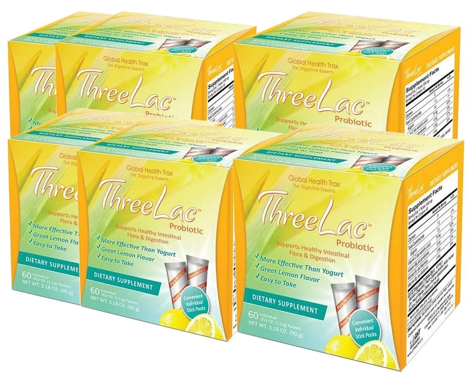 Threelac Probiotic Bonus 6 Pack 360 Pkts; Supports intestinal & digestive health; Natural lemon flavored mix