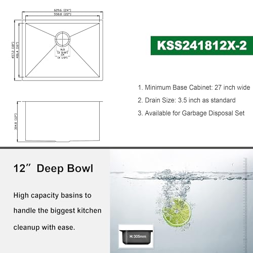 Kichae 12“ Deep Laundry Sink Undermount - 24 Inch Black Undermount Utility Sink Stainless Steel Single Bowl Under Counter Handmade Laundry Utility Room Basin